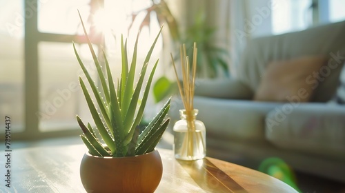 close up of reed diffuser and house plant aloe vera on wooden table in bright living room with scandinavian interior : Generative AI