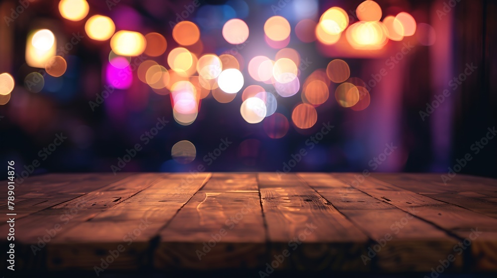 Wooden table blurred bokeh background background Neon light night view closeup The general background of the interior a dark background : Generative AI Wooden table blurred bokeh background background Neon light night view closeup The general background of the interior a dark background : Generative AI