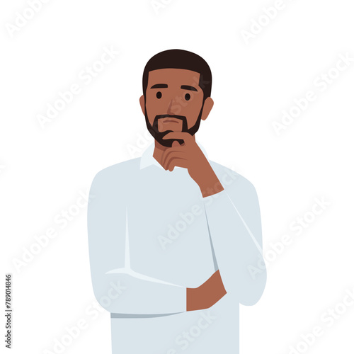 Young man thinking putting his hand under their chin and thinking. Flat vector illustration isolated on white background