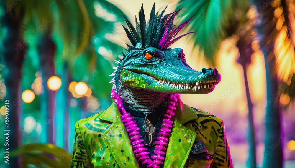 Obraz premium abstract, fierce alligator in punk clothing, peace necklace, mohawk, vibrant, with palm trees in background, vibrant, cyberpunk dragon, china, animal