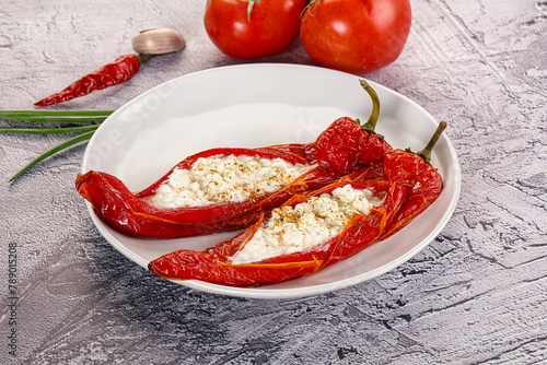 Baked red sweet ramiro pepper with curd photo