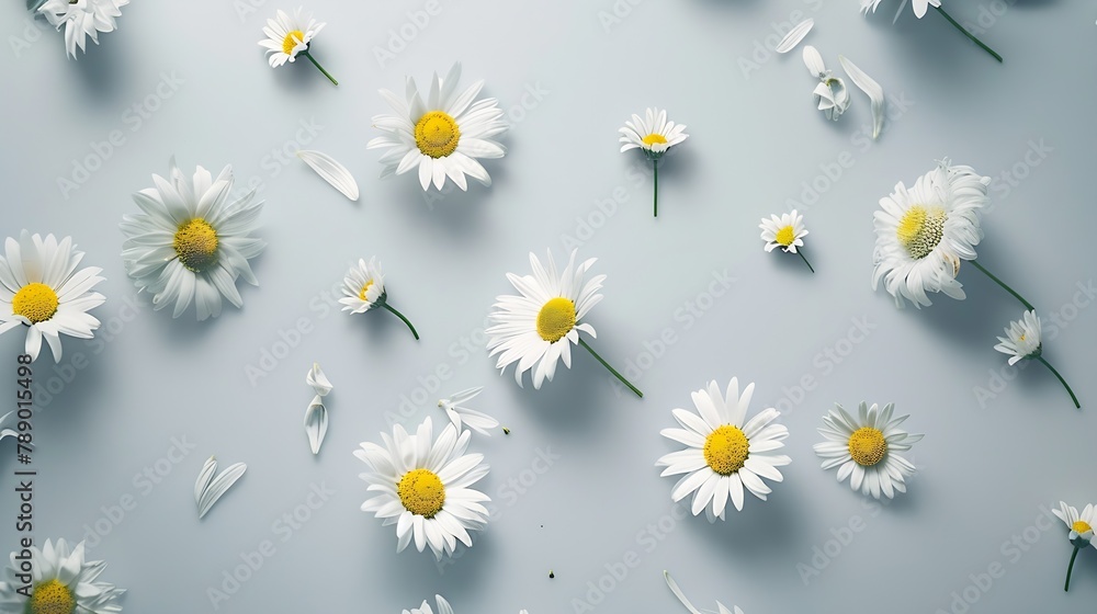 Flat lay arrangement of daisy flowers on plain background : Generative AI Flat lay arrangement of daisy flowers on plain background : Generative AI