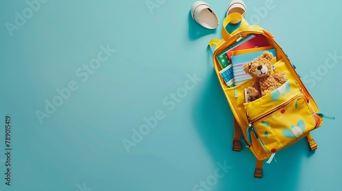 Nurturing bright minds Overhead shot of a yellow childs rucksack with cartoon bear print packed with assorted colorful school materials and pair of shoes on a soft blue background : Generative AI photo