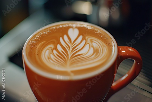 Artistic latte in a vibrant orange cup with a delicate foam design.