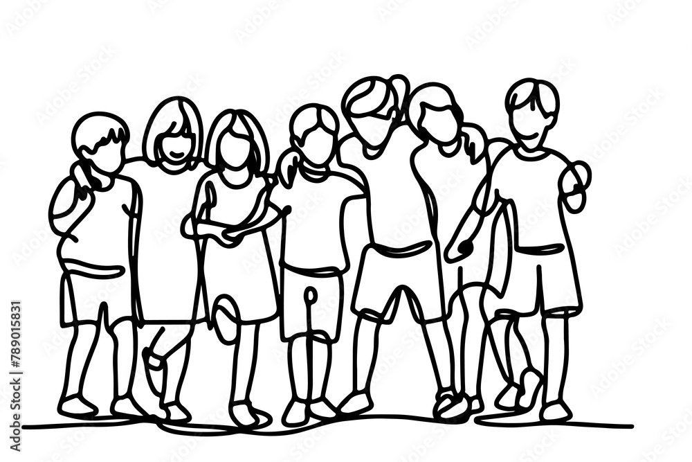 One continuous line drawing of a group of children holding each other's hands. Doodle linear drawing. Happy children's day concept on white. vector One continuous line drawing of a group of children holding each other's hands. Doodle linear drawing. Happy children's day concept on white. vector