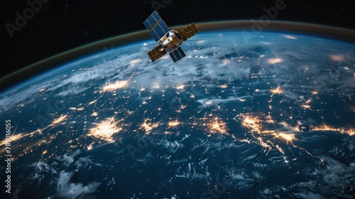 Fototapeta Naklejka Na Ścianę i Meble -  A picture of a satellite orbiting the Earth, collecting data and imagery. --ar 16:9 Job ID: 86c0fd2e-957e-4fbe-bd40-c4f67273ae59