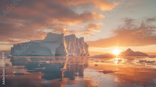 Icebergs in Greenland in the soft sunset light