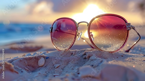 Sunglasses Resting on a Sunlit Sandy Beach Reflecting the Bright Summer Seascape