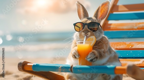 cute bunny rabbit drinking juice and wearing sunglasses relaxing sitting on deckchair in the sea background