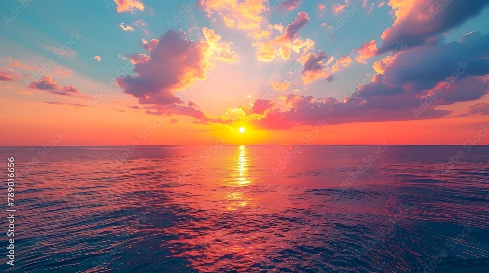 Radiant Summer Sunset Over the Ocean with Vibrant Cloudscape and Glowing Reflection
