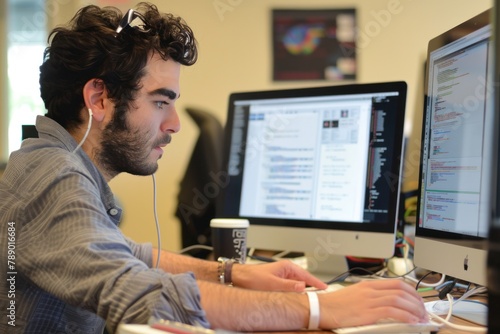 Software engineer writing code, developing a new software application