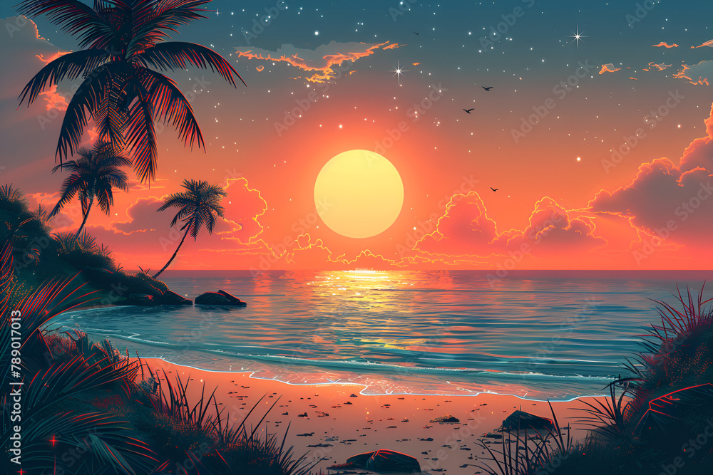 tropical sunset with trees,
Summer Themed Banner Design 