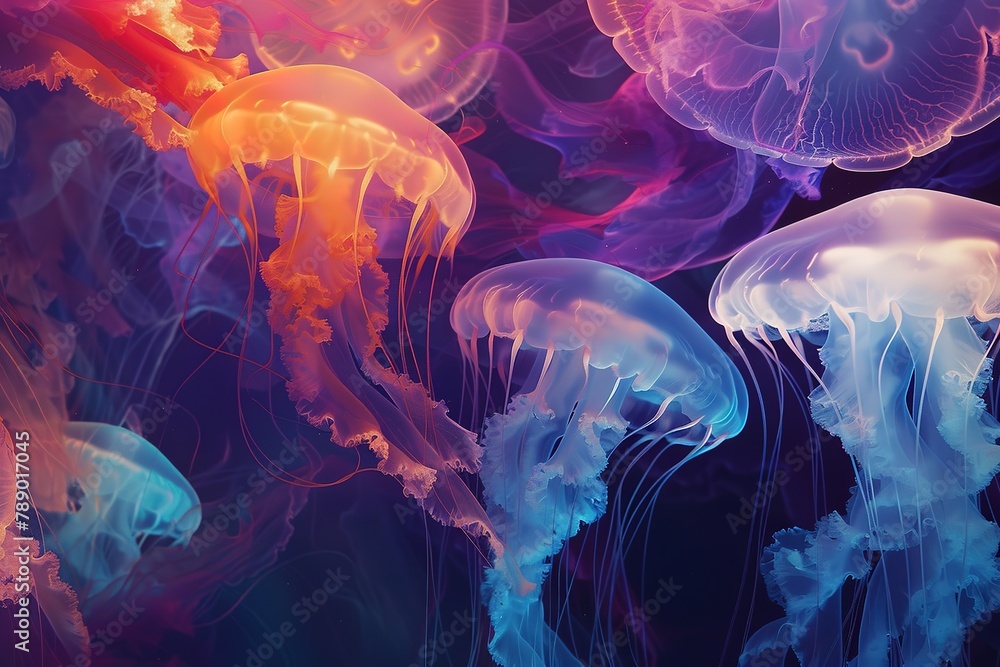 Vibrant jellyfish floating gracefully in a mystical underwater scene. Vibrant jellyfish floating gracefully in a mystical underwater scene.