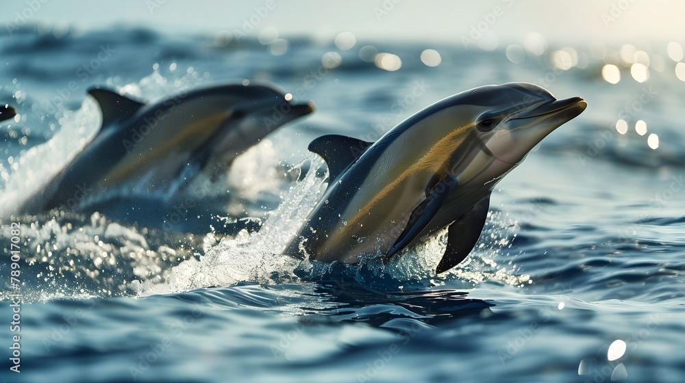 Obraz premium A Family of Joyful Dolphins Diving and Splashing in the Tranquil Ocean Under the Vibrant Sunset Glow