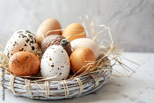 Rustic Easter still life with different types of eggs. Rustic Easter still life of beautiful quail s and chicken eggs over white table . photo