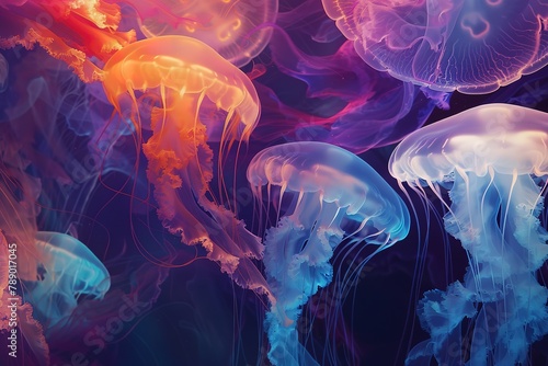 Vibrant jellyfish floating gracefully in a mystical underwater scene. photo