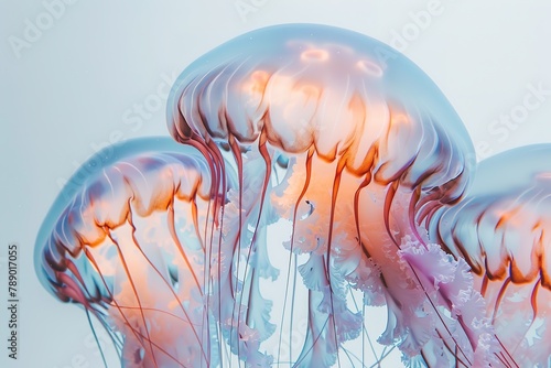 A close-up of vibrant jellyfish floating in blue water, their tentacles trailing delicately.