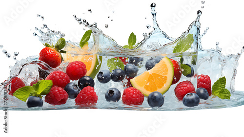 Fruit and water splashing together  with blueberries  oranges  strawberries  and raspberries on a white background