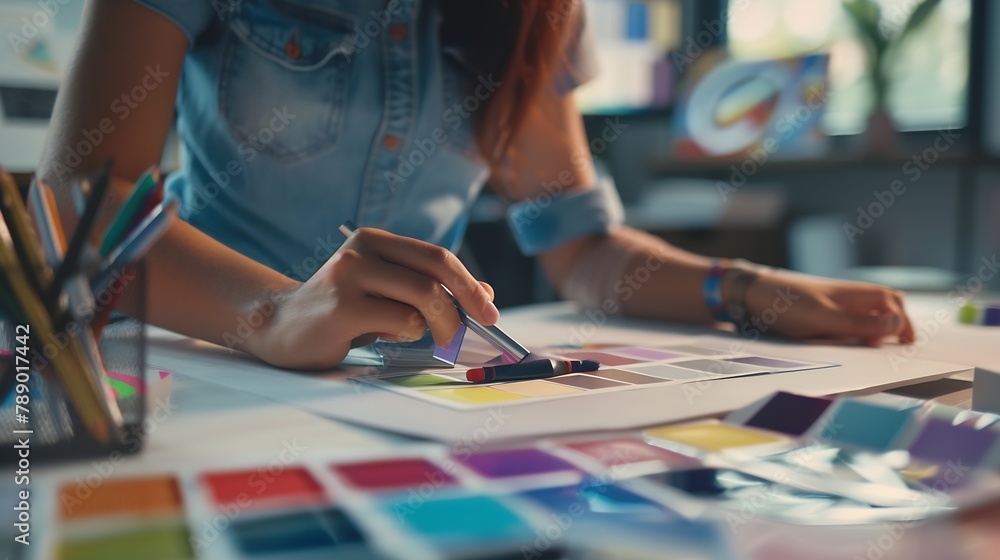 Creative people workplace Closeup view of hands of young designer woman working with color palette at office desk Attractive model choosing color samples for design project Interior sh : Generative AI