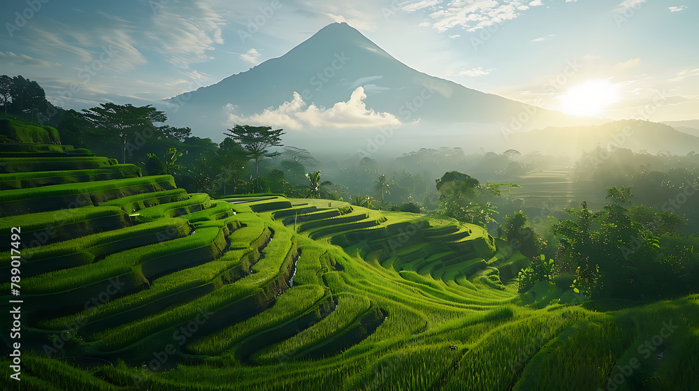 Terracing rice field in Indonesia with volcano mountain in background