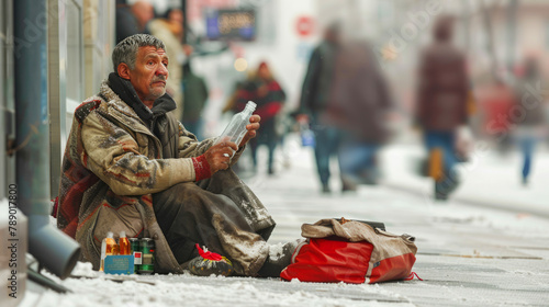 Elderly homeless man holding an empty bottle on a snowy sidewalk amidst urban life, invoking empathy.