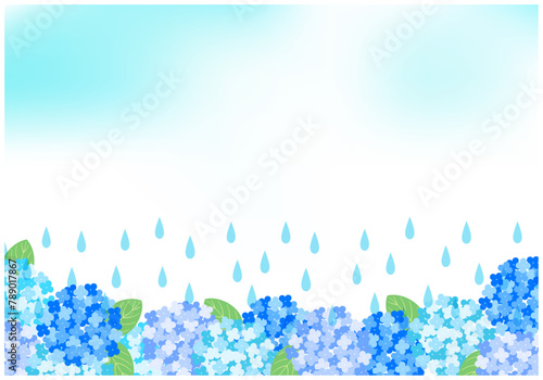 梅雨景色のあじさいフレーム背景12青色