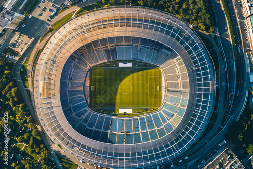 Top-down aerial shot of a soccer stadium surrounded by cityscape