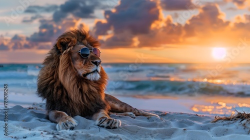 Majestic Lion Relaxing on the Beach with Stunning Sunset and Ocean Waves in the Background © vanilnilnilla