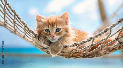 Cute red haired kitten in hammock wonderful ocean side in radiant day