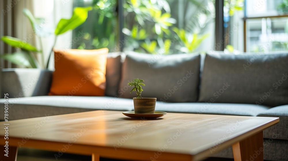 Wooden coffee table and gray corner sofa in living room with window wall : Generative AI Wooden coffee table and gray corner sofa in living room with window wall : Generative AI