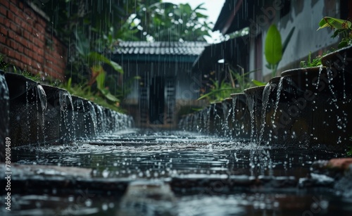 Rainwater harvesting system collecting water during a downpour  demonstrating practical measures for water conservation.