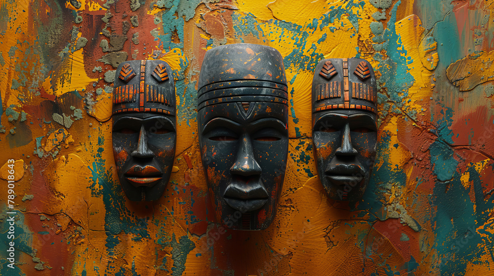 Tribal, mask and African figures, art and traditional on wall for decoration. Creative, design and history or ethnic carving with texture, wood and brush strokes or cultural storytelling and abstract