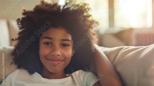 Close up beautiful African teenager girl sitting on sofa at home staring into distance feel happy having wide toothy charming smile and natural afro curly hairs posing indoors Generati : Generative AI photo