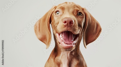 Portrait closeup happy Vizsla puppy dog smiling Isolated on white grey background   Generative AI