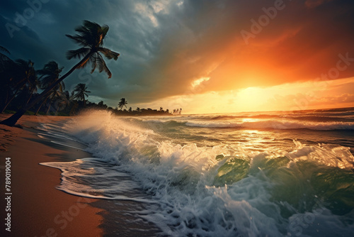 Tropical beach panorama view with foam waves before storm, seascape with Palm trees, sea or ocean water under sunset sky with dark blue clouds. Background of summer waves, sand coastline at evening.