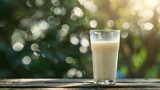 Spotted cows in the meadow and a glass with milk splash, Photo of a glass of a cow's milk, Cow and milk on blue sky, A glass of milk stands on a wooden table, Behind is a blurred background