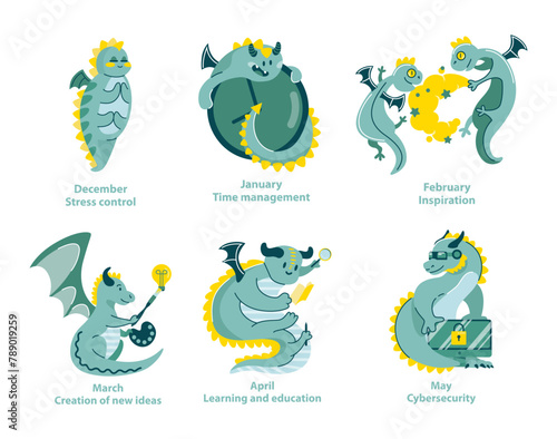 Dragon Helpers set. Vector illustration.