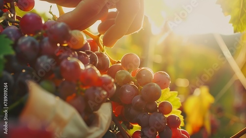 Closeup of man harvesting red grapes in vineyard : Generative AI photo