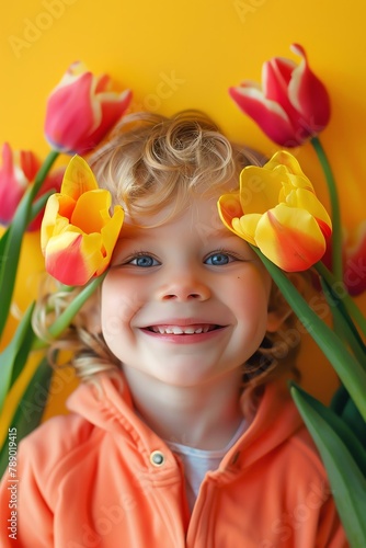 Brighteyed toddler with tulips over his face, smiling, isolated on a vivid background, for mom photo