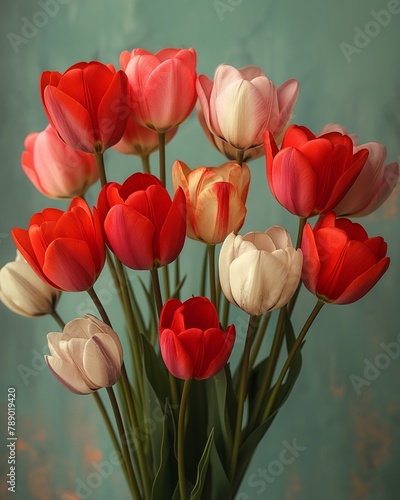 Colorful tulip flowers on vintage background.