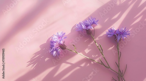 Minimal flat lay of summer pink flowers on pink background Flower of cornflower Summer flowery flat lay of cornflower blossom with beautiful light and shadow Aesthetic monochrome top v : Generative AI photo