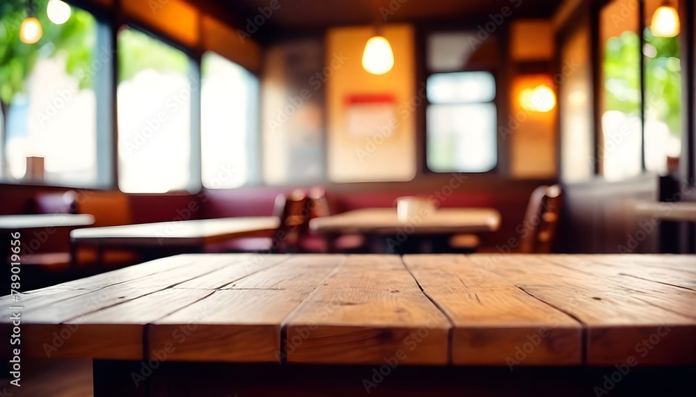 Empty old wood table top and blurred bokeh cafe and coffee shop ...