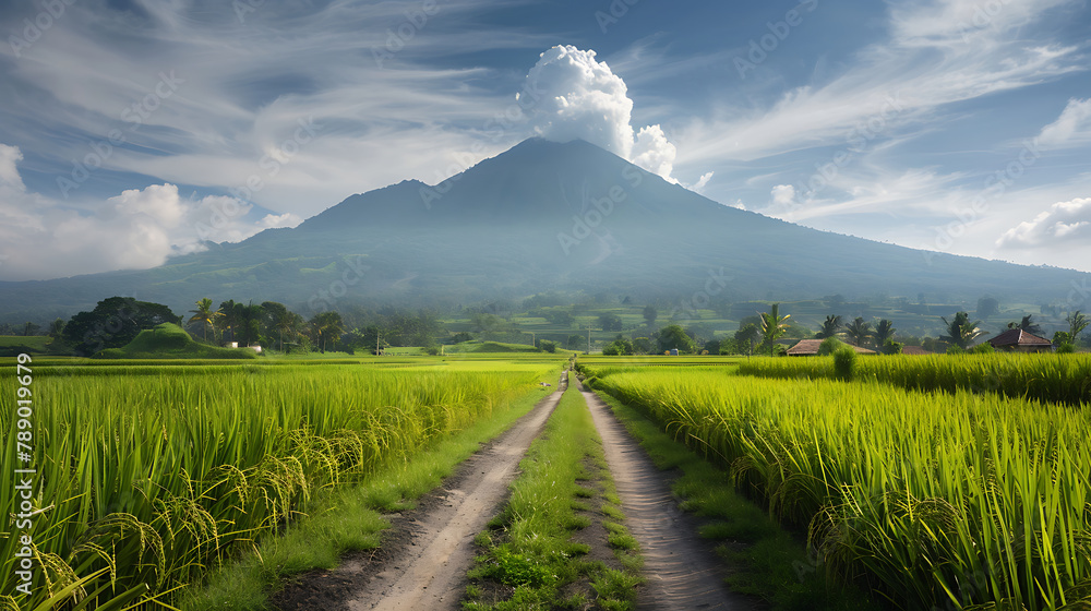 Fototapeta premium Picture of Rice field with the road and mountain in the background in Indonesia