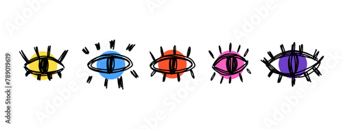Set of doodle eyes with eyelashes drawn by hand. Vector simple illustration.