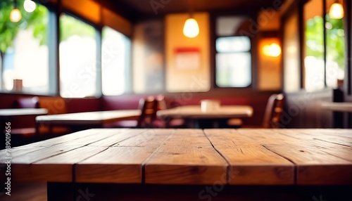 Empty old wood table top and blurred bokeh cafe and coffee shop interior background with vintage filter - can used for display or montage your products.