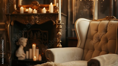 Close up shot of beige soft chair in classic style near decorative fireplace Bust figurine metal candlestick with candles and mirror with golden frame in living room with elegant inter : Generative AI photo