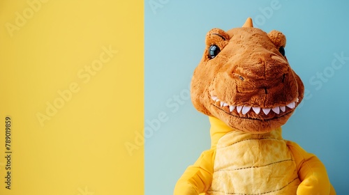 Dinosaur plush toy on colored background