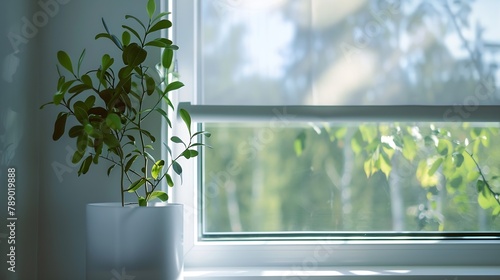 Roller blinds closeup on the window A houseplant is near the white color window shade The view outside the window is pine trees Sun protection for home   Generative AI