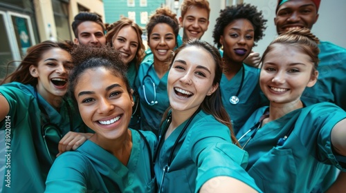 Multi-ethnic group of happy nurses students having fun while taking selfie at medical university. Doctor teamwork concept.