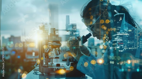 Double exposure of science biologist chemistry expertise is experiment medicine pharmaceutical and analyzing with microscope equipment in laboratory with cityscape.